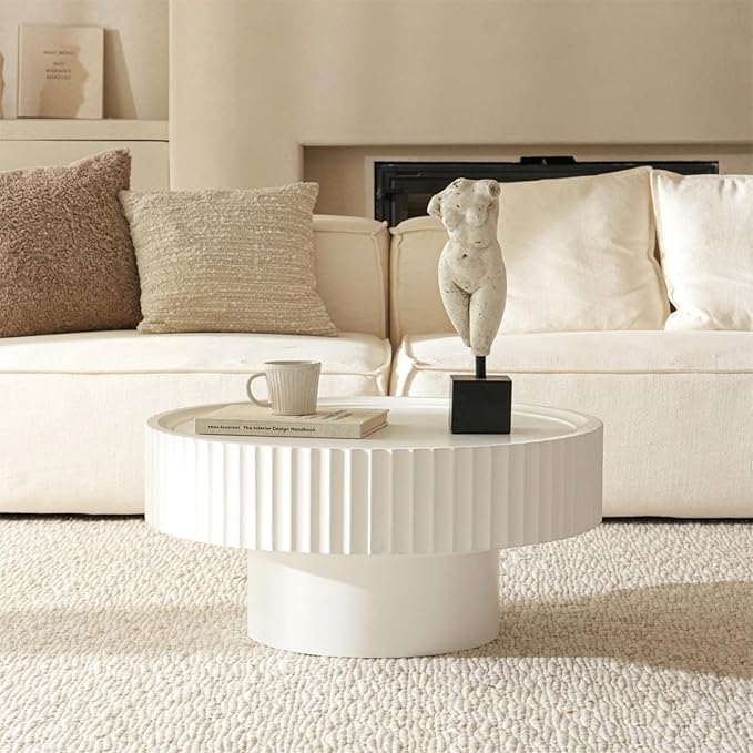 Round Coffee Table with Storage, 30.3” Fluted Drum Modern Living Room Table, Circle Wood White Center Tables, Accent Mushroom Shape Coffee Tables for Living Room, Apartment(30.3''L×13.7''H)