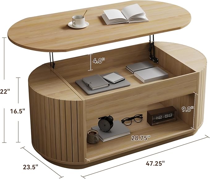 47-Inch Oval Lift Top Coffee Table with Storage Shelf for Living Room, Large Wooden Fluted Modern Center Table with 2 Tier Shelf, Modern Tea Tables with Hidden Compartment for Bedroom, Light Oak