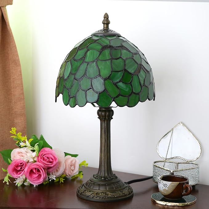 Tiffany Lamp - Green Leaf Stained Glass Table Lamp 8x8x14 Inches - Green Leaf Style Desk Reading Light - Bedroom & Living Room Decor