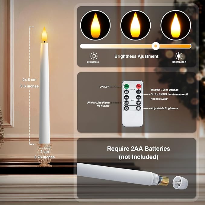 12 Pcs Flameless Taper Candles with Remote and Timer, 9.6 Inches Plastic LED Candlesticks, White Battery Operated Window Candles, for Home Wedding Christmas Party Decoration