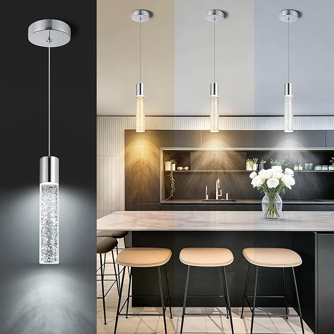 Pendant Lights Kitchen Island, 2700-6000K Modern Kitchen Island Lights,Brushed Nickel Dimmable Hanging Light Fixtures with Crystal Bubble, 12W LED Hanging Light for Dining Room, (1Pack)
