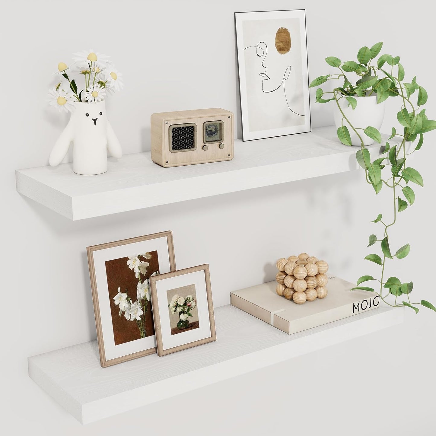 Fun Memories Floating Shelves for Wall, 22.5" Rustic Wood Deep Wall Mounted Shelves with Invisible Brackets for Decor & Storage, Floating Shelf for Living Room, Bathroom (White, Set of 2)