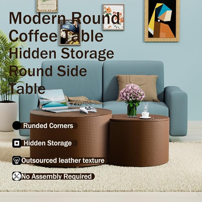 Nesting Coffee Table Set of 2 Modern Round Coffee Table with Hidden Storage Round Side Table Drum Accent End Tables for Living Room, Bedroom (Brown)