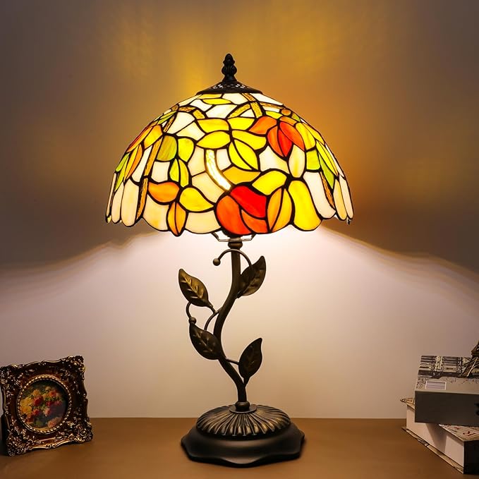 Stained Glass Table Lamp, Flower Style Lampshade & Metal Leaf Antique Base Desk Reading Light 12X12X19 Inches Decor for Bedroom Living Room Office