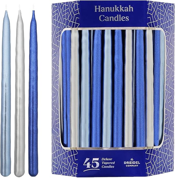 The Dreidel Company 2-Pack Metallic Blue & Silver Hanukkah Candles 1-Hour Burn Time Premium Tapered Hand Decorated Chanuka Candles, 45 Candles for All Eight Nights of Hanukkah