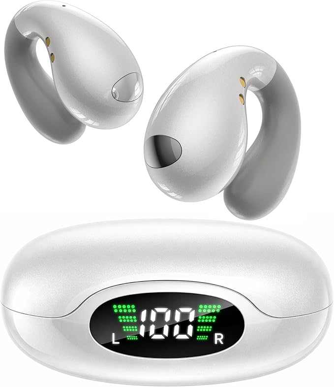 Ultra Open-Ear-Earbuds Wireless Bluetooth - Ergonomic Clip-On Earbuds, Bone Conduction Over-The-Ear Headphones with Waterproof Design and Secure Fit for Small Ears, White