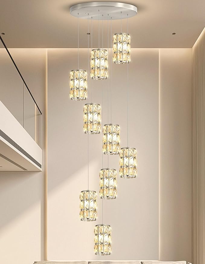 9-Lights Modern Crystal LED Dimmable for Staircase Foyer High Ceiling Chandeliers Hallway Nickel