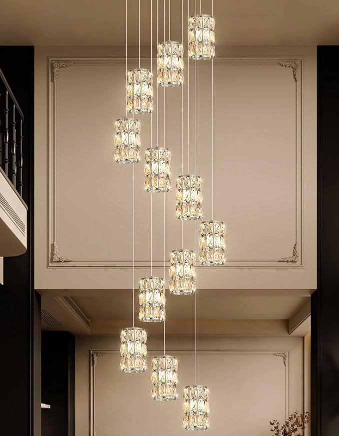 12-Lights Modern Crystal LED Dimmable for Staircase Foyer High Ceiling Chandeliers Hallway Nickel