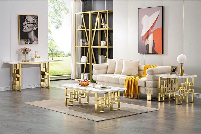 AUZ Gold End Table, Modern Square Living Room Side Table with White Top and Gold Mirrored Metal Geometric Base