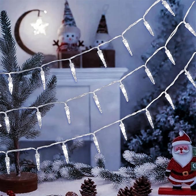Christmas Icicle Lights Indoor，20ft 40 LED Icicle String Lights Battery Operated Powered Christmas Lights for Indoor Winter Christmas Decorations