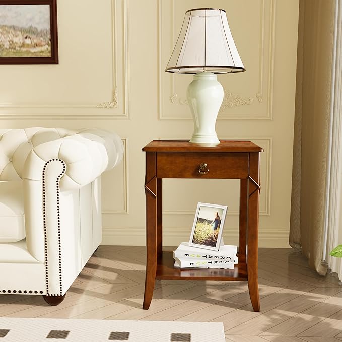 2-Set Solid Wood End Table with Drawer, Beside Table, Nightstand, Mid-Century Modern Funiture with Storage Shelf, 19.7" x 15.7" x 27.6" High Living Room Side Table with Wood Frame, Cherry GBJDR200