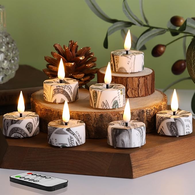 Eywamage Flameless Tealights with Remote Batteries, Dollar Pattern Flickering LED Tea Votive Candles Set of 12