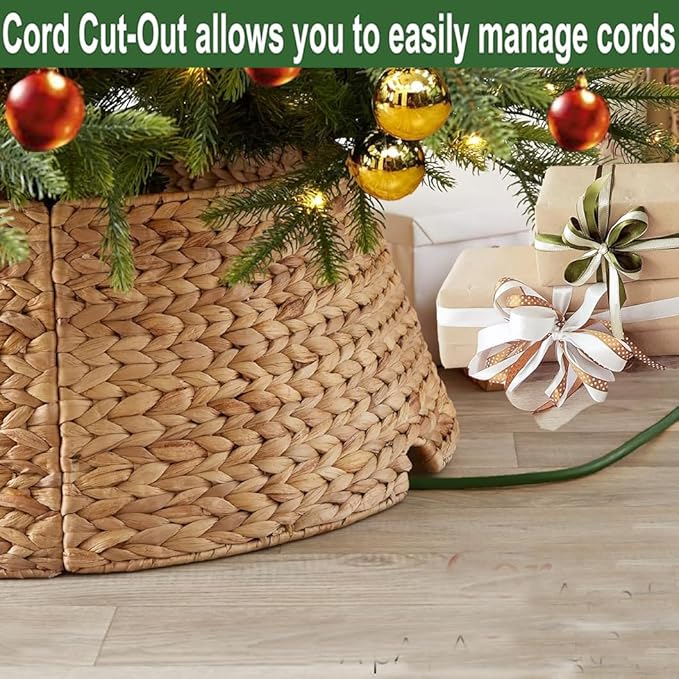 CLAYNIX Tree Collar - Large to Small Christmas Tree, 28" Christmas Tree Ring Adjustable Water Hyacinth Skirt, Christmas Tree Skirt for Decoration, Base Protection from Pets