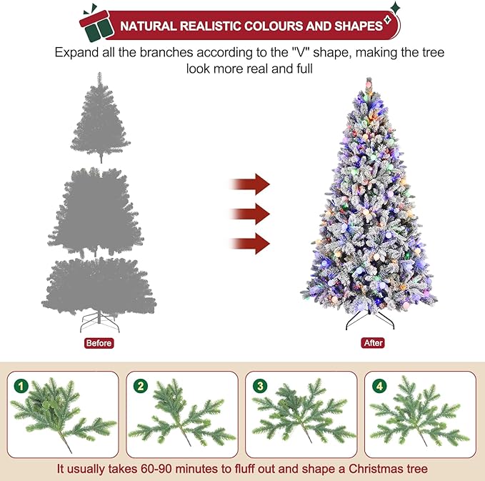 Christmas Decorations Tree, 8FT Prelit Flocked Christmas Tree with Warm White & Multi-Color Lights,Premium Artificial Flocked Trees Full Branch Tips,First Choice Decorations for Xmas