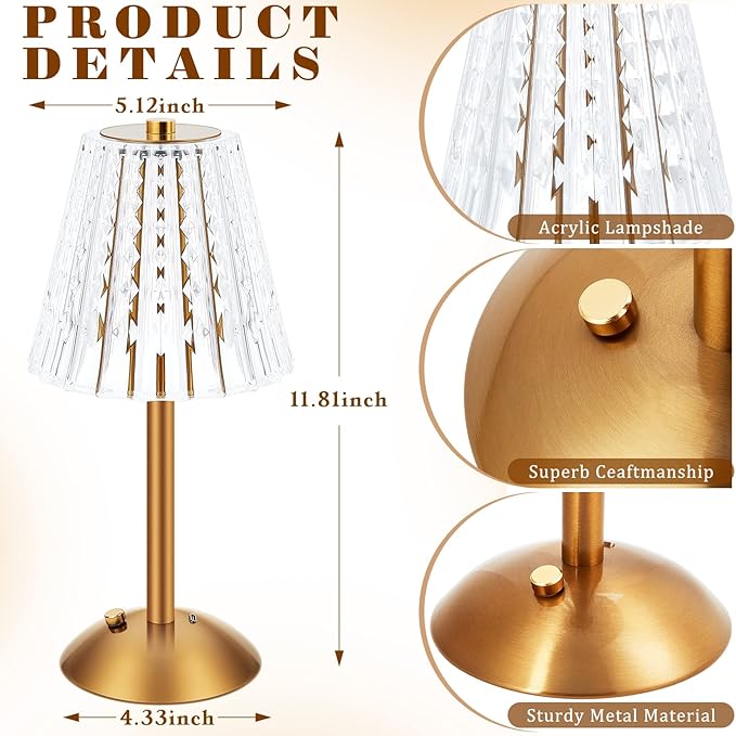 Liliful 1 Pcs Cordless Table Lamp Rechargeable Touch LED Small Gold Portable Battery Operated USB-c Desk Lamp 3 Color Dimmable for Bedroom Living Room Dining (Gold,Classic Style)