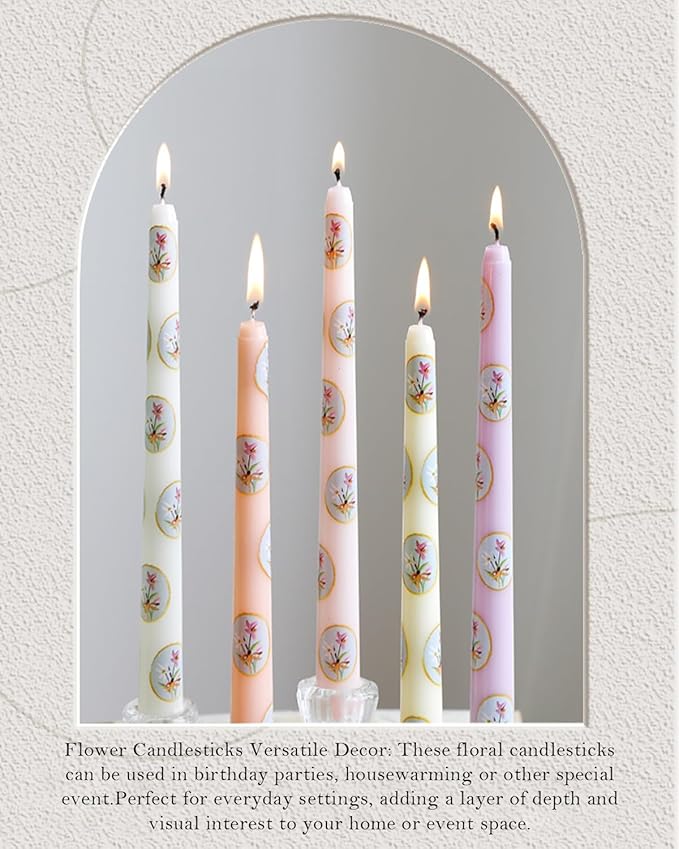 Floral Taper Candle Dripless Colored Tall Candlesticks 10inch Handmade Unscented Long Smokeless Tapered Candle Holiday Party Celebrate-6pcs