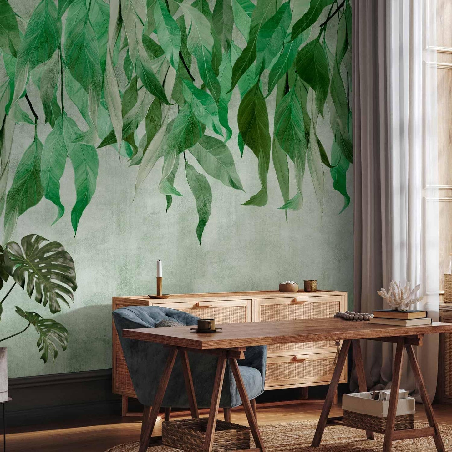 artgeist Premium Wall Mural Hanging Leaves 118x83 in - Non-Woven Wallpaper Fleece Wall Decor Photo Print Picture Image Design Nature Botanical Concrete Green Like Painted b-C-10146-a-a