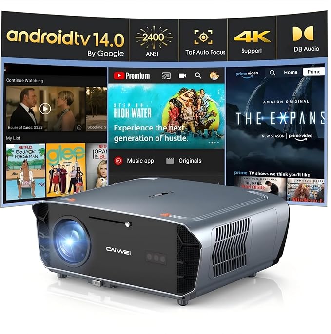 Smart 4K Projector with Certified Apps,Google TV,WIFI6&Bluetooth,2400ANSI Lumen Ultra HD Daytime Projector,ToF Auto Focus,DB Audio,HDR10,NFC,HDMI ARC,1.26 Throw Ratio for Home Theater Outdoor Movie