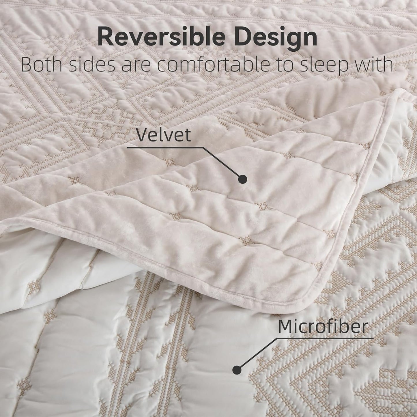 Yvooxny 3-Piece Quilt Set King Size Velvet Embroidery Quilted Bedspread Coverlet Set Bedding Set with Pillowcases for All Seasons, White, 108 * 96 Inches