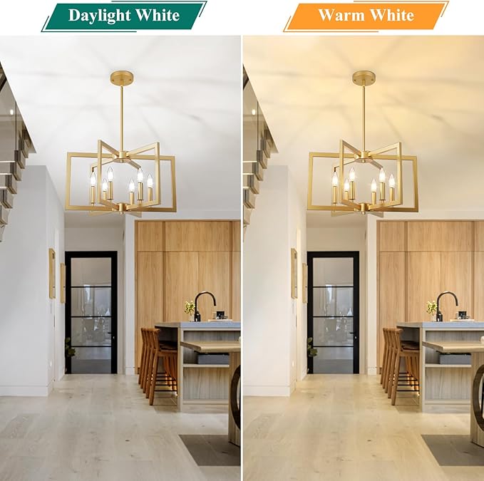 6-Light Gold Chandelier, Farmhouse Dining Room Light Fixture, 21.3in Modern Chandelier, Geometric Industrial Metal Hang Lighting Fixture for Foyer Entryway Kitchen Over Table Hallway Living Room