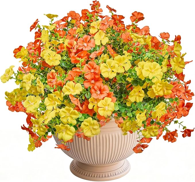 Artificial Flowers Outdoor Indoor Garden Family Porch or Patio Decoration,Faux Flowers,Small Flowers Outdoor Artificial Flowers a Bunch of 12 Orange and Yellow