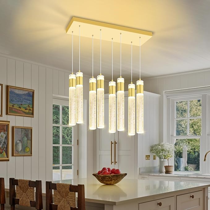 8-Lights Gold Hanging Pendant Light for Kitchen Island Modern Dimmable LED Crystal Chandeliers for Dining Room Bedroom Living Room Over Table Adjustable Height