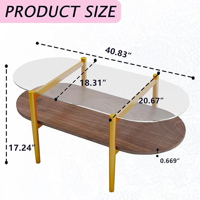 Modern Oval Glass Coffee Tables, 2-Tier Mid Century Modern Center Table, Tempered Glass Tabletop & Golden Metal Frame, Living Room, Office