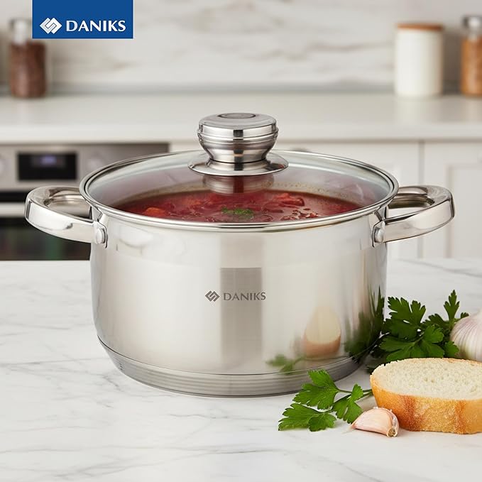 Daniks Standard 4 Quart Stainless Steel Stock Pot with Glass Lid, Try-Ply Bottom for Even Heating, Induction Compatible, Dishwasher Safe, Built-In Measuring Scale, Silver