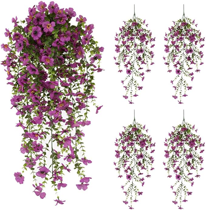 EROCK Artificial Flowers for Outdoors, 4PCS Fake Silk Hanging Flowers for Decoration UV & Fading Resistant, Realistic Faux Plants & Flowers for Porch Patio Balcony Window Box Home Decor (Purple)
