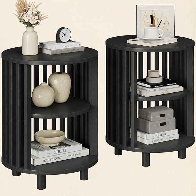 Round End Table, Wood Bedside Table, Mid Century Modern Nightstand with Open Storage Shelf, 3 Tier Small Side Tables for Living Room, Bedroom, Curved Profile Design, Black(2-Pack)