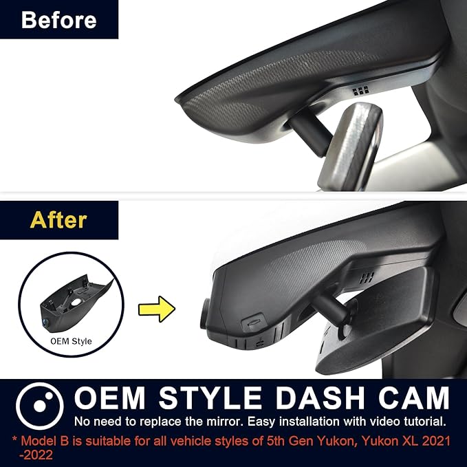 4K Dash Cam Custom fit for GMC Yukon, Yukon XL 2021-2022 (Model B), SLE SLT AT4 Denali, Integrated OEM Look, UHD 2160P Video, WiFi & App, G-Sensor, Loop Recording, Easy to Install, 64GB Card