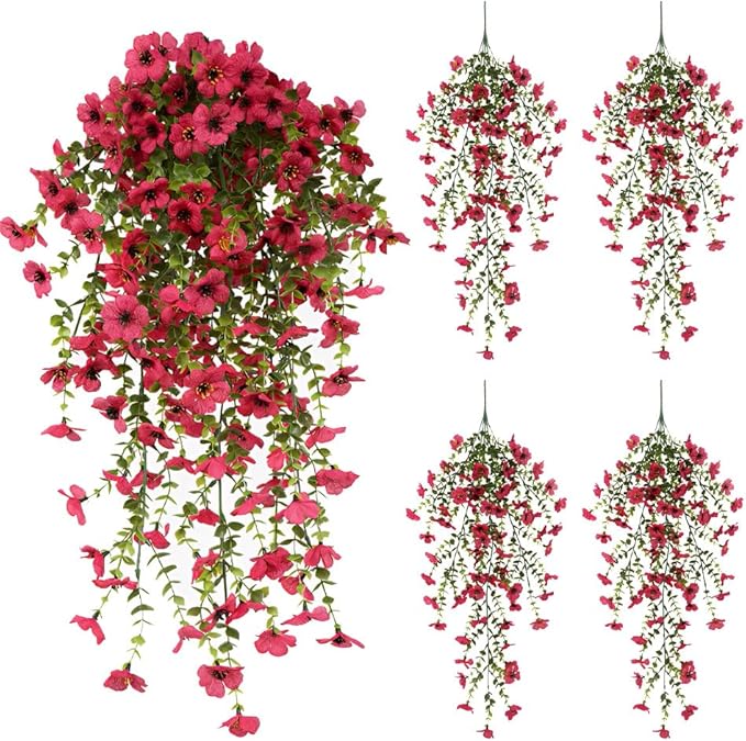EROCK Artificial Flowers for Outdoors, 4PCS Fake Silk Hanging Flowers for Decoration UV & Fading Resistant, Realistic Faux Plants & Flowers for Porch Patio Balcony Window Box Home Decor (Rose Red)