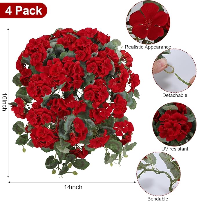 Artificial Geranium Flowers for Outdoors – 4 Bundles of Red Silk Flowers with Hanging Vines, Fake Christmas Plants for Front Door Garden Porch Planter Patio Balcony Yard Indoor Home