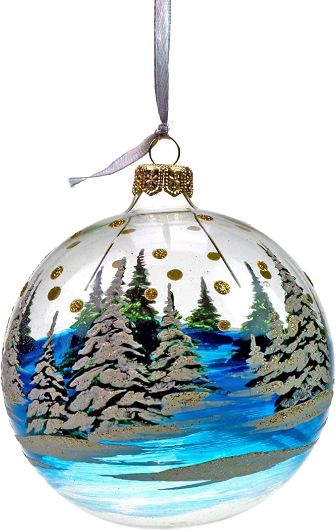 4" Christmas Tree Glass Ball, Christmas Motives on a Transparent Background Hand-Painted by Skilled Artisian, Set of Christmas Ornaments in a Wooden Box, Set of 6