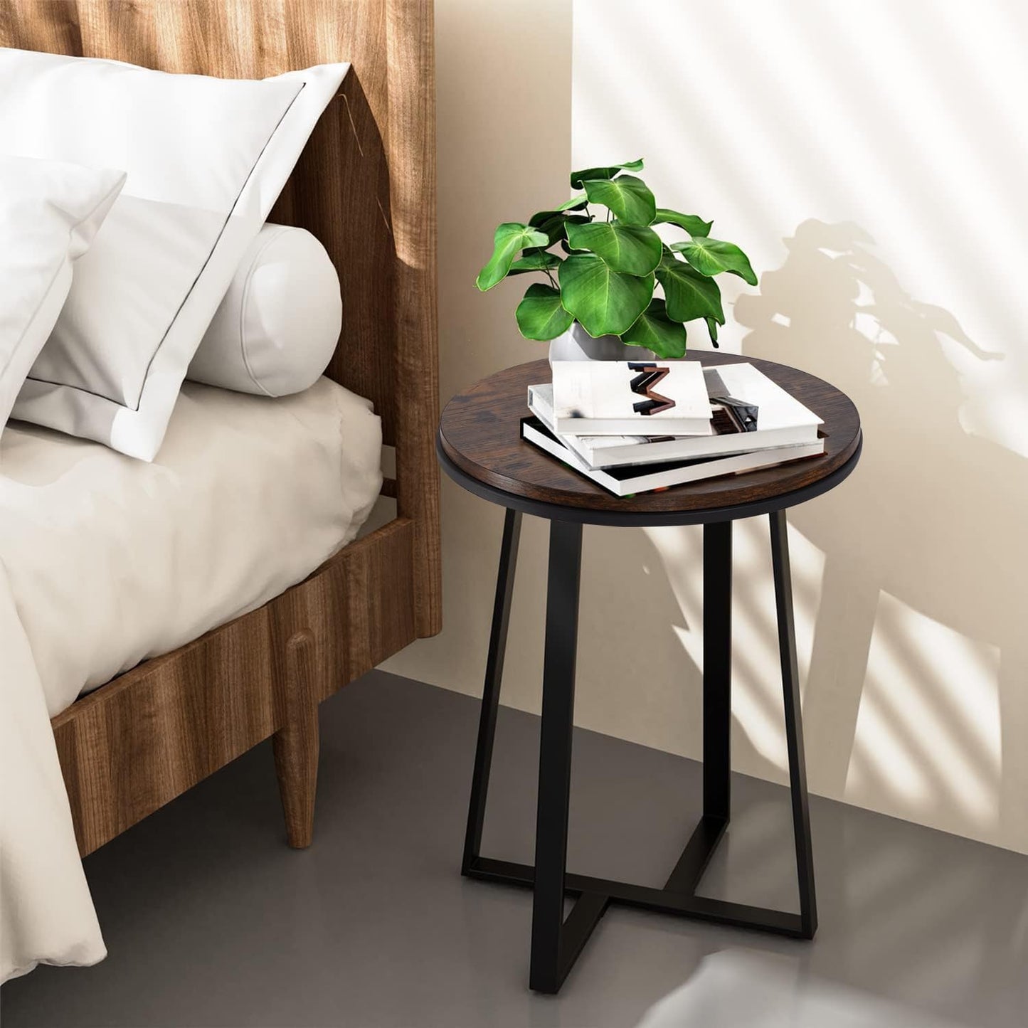 Side Table, Round End Table Vintage Brown Color MDF Top, Modern Coffee End Table for Living Room, Bedroom, Nightstand with Black Steel Frame for Small Spaces