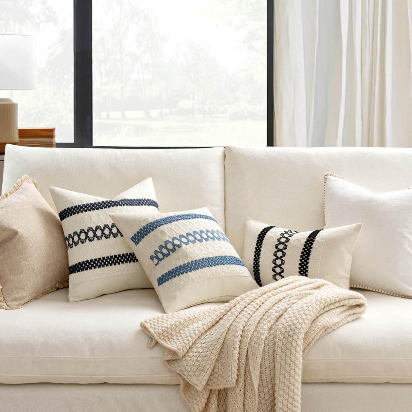 MIULEE Set of 2 Coastal Blue Boho Decorative Pillow Covers 18x18 Inch Farmhouse Rustic Couch Throw Pillows Modern Summer Cotton Cushion Covers Retro Cute Macrame Woven Home Decor for Bed Sofa Chair