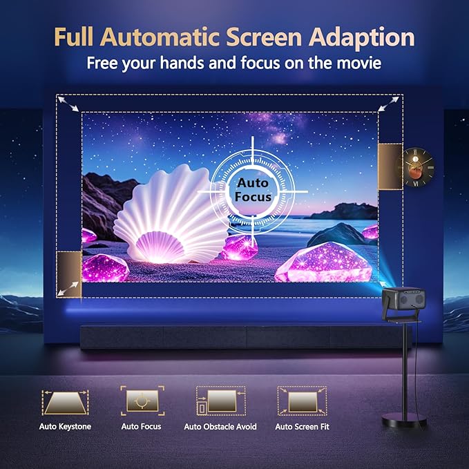[2000 ANSI/ Official-NetfIix/360°Stand] Outdoor Projector with WiFi and Bluetooth, Auto Focus, Auto Keystone 4K Projector Native 1080P Support 36W DoIby Audio Smart Projector