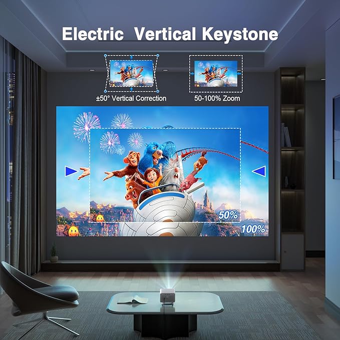 【Electric Focus & Native 1080P】VOPLLS 1080P Smart Projector with WiFi and Bluetooth, Auto Focus & Keystone Portable Outdoor Projector, VOPLLS 4K Support Home Movie Projector