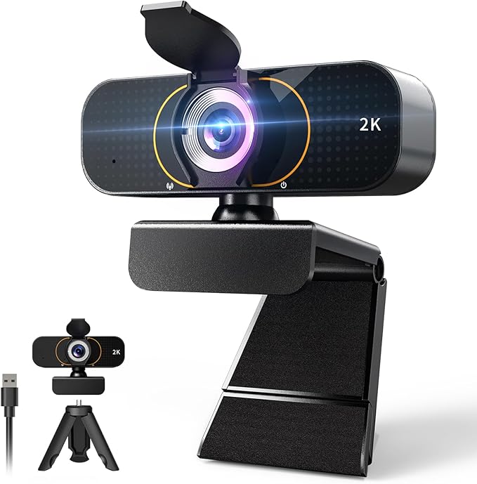 2K Webcam for Computer/Laptop/Desktop/PC, Camera with Microphone, USB Plug&Play, Auto Low Light Correction, Privacy Cover, Tripod, Wide Angle for Meeting/Online Video/Zoom