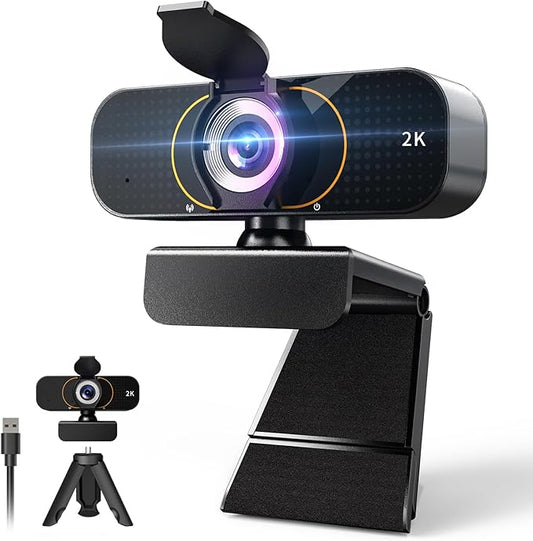 2K Webcam for Computer/Laptop/Desktop/PC, Camera with Microphone, USB Plug&Play, Auto Low Light Correction, Privacy Cover, Tripod, Wide Angle for Meeting/Online Video/Zoom