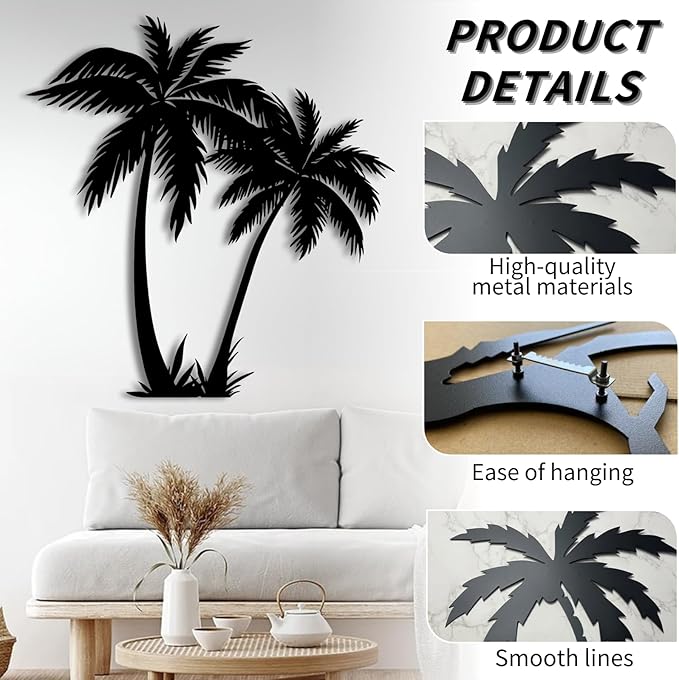 rumloch Metal Palm Tree Wall Decor,Large Tropical Palm Tree Metal Wall Art for Living Room,Outdoor Wall Decorations for House(90×87 cm/35"×34" in, Black)
