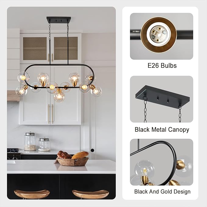 Linear Chandelier for Dining Room 45'' Black and Gold Island Lights Rectangle Dining Room Light Fixture 11-Light Modern Farmhouse Chandelier with Clear Glass Large Mid Century Island Pendant Light