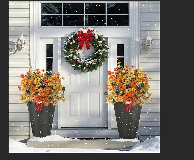 Christmas Decorative Plants Artificial Topiary Trees with Spike, 2pcs UV Resistant Artificial Bushes with Flowers, Artificial Fake Plants Shrubs for Doorway Porch Garden Decorate (Orange-yellow)