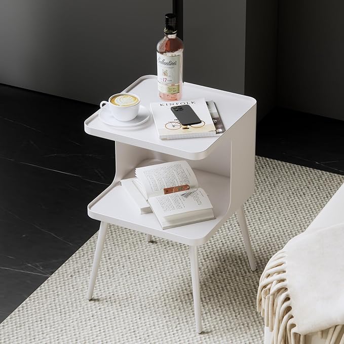 Metal Side Table,Modern end Table,Bedside Table,Small nightstand with Storage Shelf for Bedroom Living Room Small Space (White)