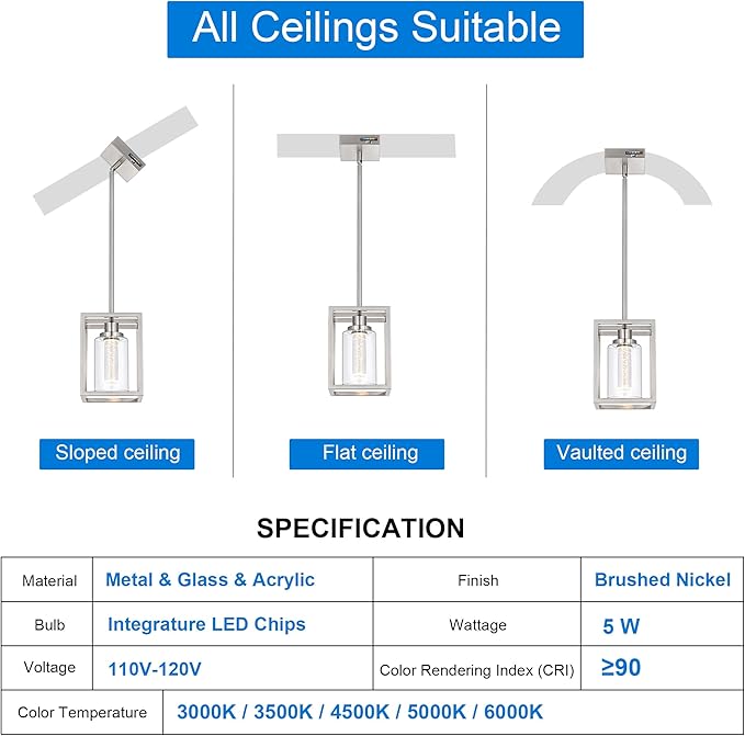 MELUCEE LED Pendant Lights Modern Pendant Lighting Brushed Nickel with Crystal Bubble Glass, 5 CCT Dimmable Hanging Ceiling Lamps for Kitchen Island Dining Room, Built-in LED Chips, Adjustable Height