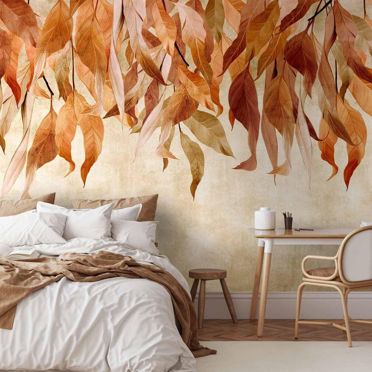 artgeist Premium Wall Mural Hanging Leaves 197x138 in - Non-Woven Wallpaper Fleece Wall Decor Photo Print Picture Image Design Nature Botanical Concrete Orange Beige b-C-10146-a-c