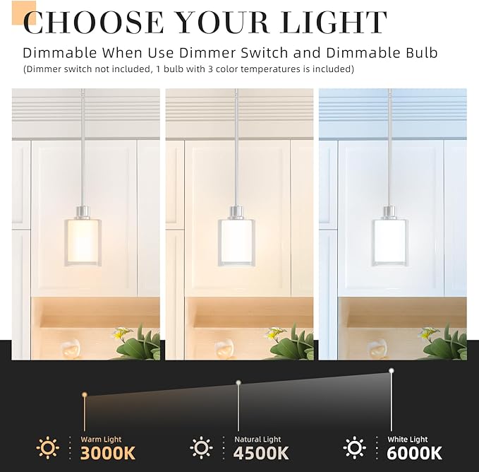 Pendant Light Kitchen Island Lighting 2 Pcs, Height Adjuatable Rod Clear Dual Glass - with 3 Color Temperatures Bulb & Remote Control, Farmhouse Hanging Lighting Fixture for Dining Room Bedroom