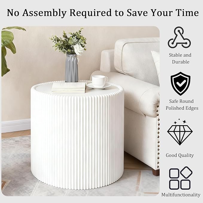 17.71" White Round Coffee Table, Drum Coffee Table with Sintered Stone Tabletop and Fluted PU Leather Covered and Stable Base, Circle Cocktail Tea Table for Living Room
