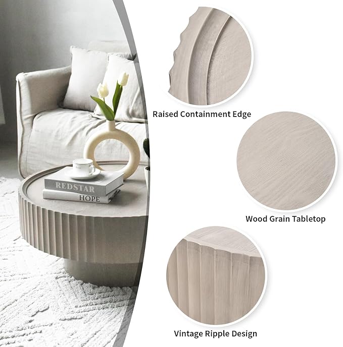 Round Coffee Table with Storage, 30.3” Fluted Drum Modern Living Room Table, Circle Wood Gray Center Tables, Accent Mushroom Shape Coffee Tables for Living Room, Apartment(30.3''L×13.7''H)