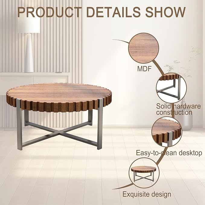 Modern Wood Round Coffee Table for Living Room, Farmhouse 31.5" Modern Compact Coffee Table, Wood Gear Table Top with Cross Metal Base, Drum Center Table for Living Room Apartment, Walnut